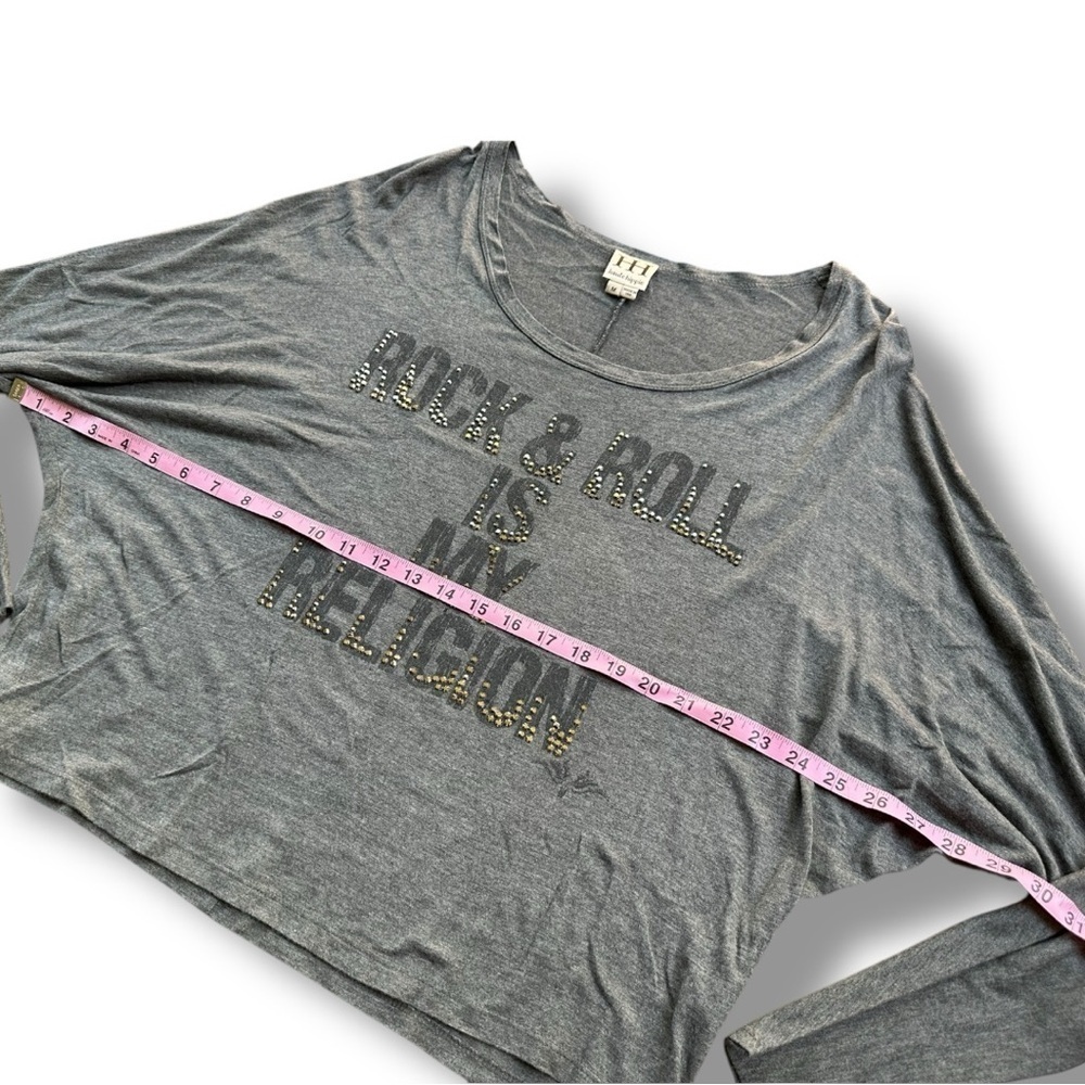 Haute Hippie Gray Rhinestone Rock & Roll is My Religion Surplus Sleeve Tee | M - Picture 10 of 14